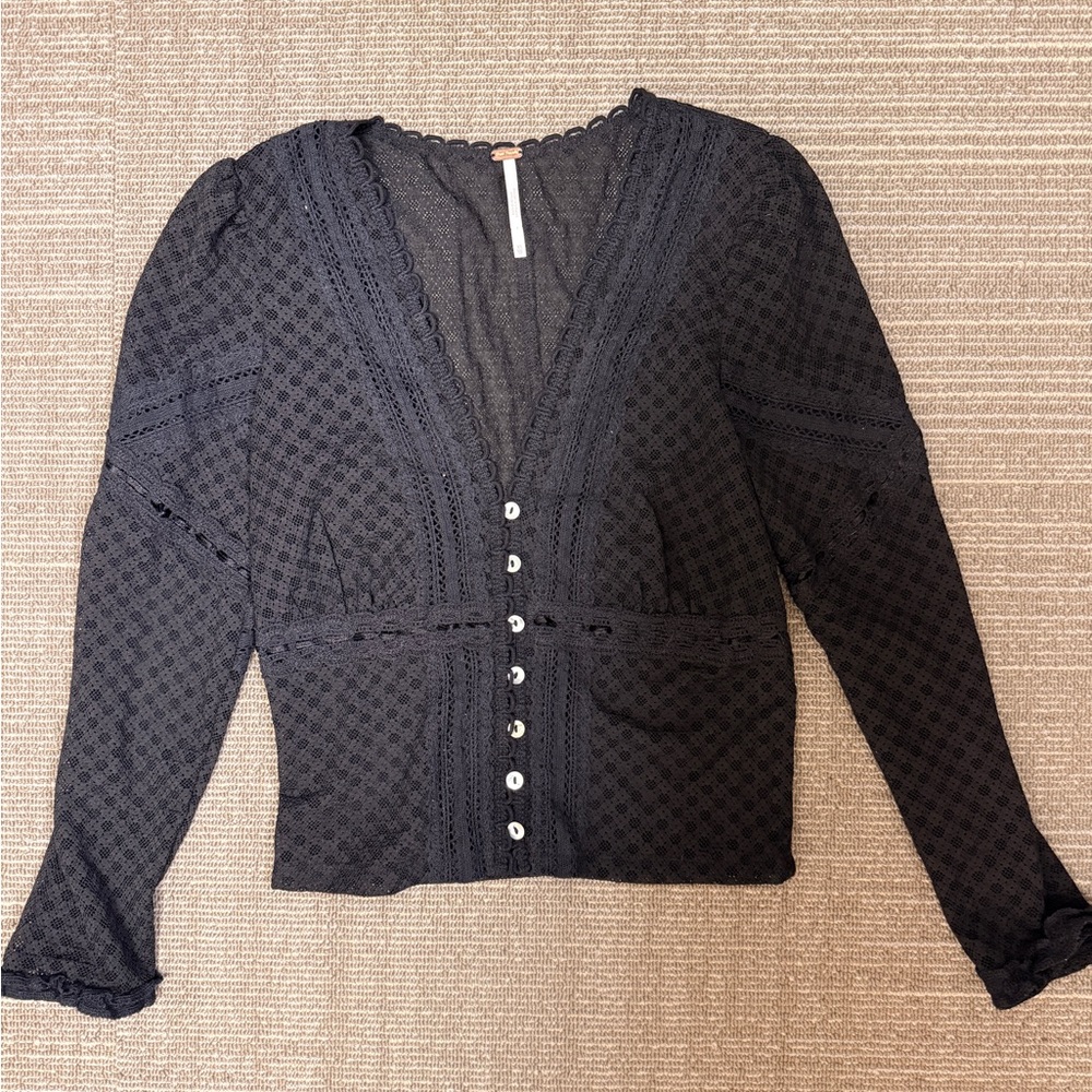 Free People Black Lace Button Down Blouse Sz Extra Small